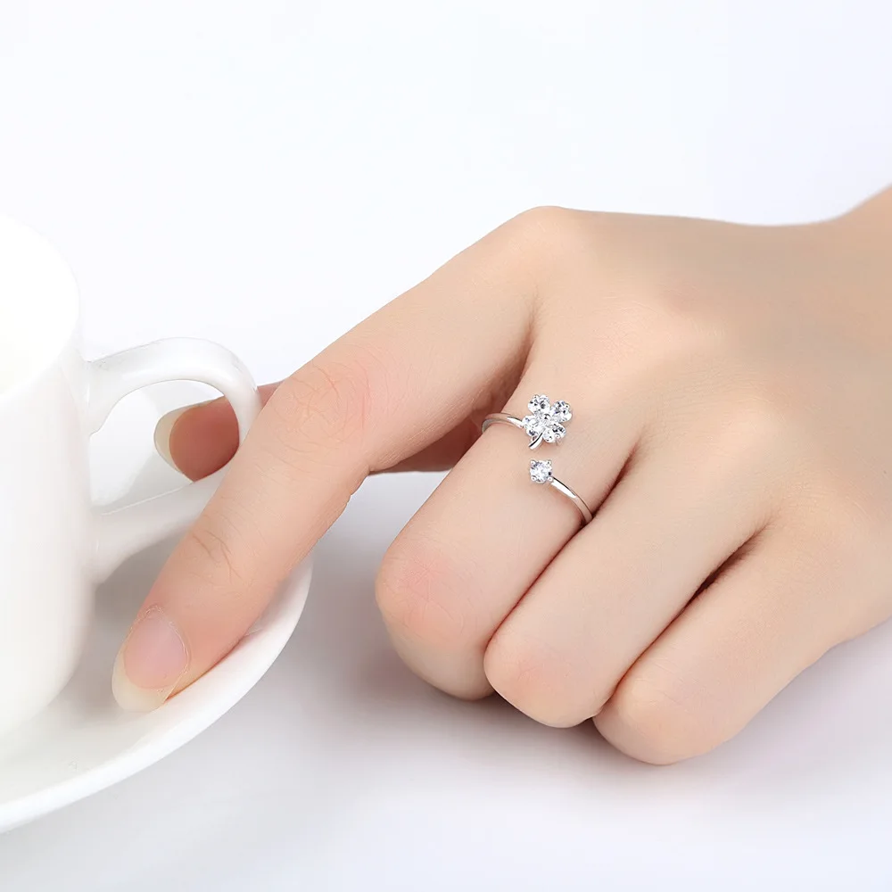 

Silikolove 1 Pcs Lucky Flower Shaped Zircon Open Ring Silver Color Plum Heart Shaped Ring Wedding Band Anneau