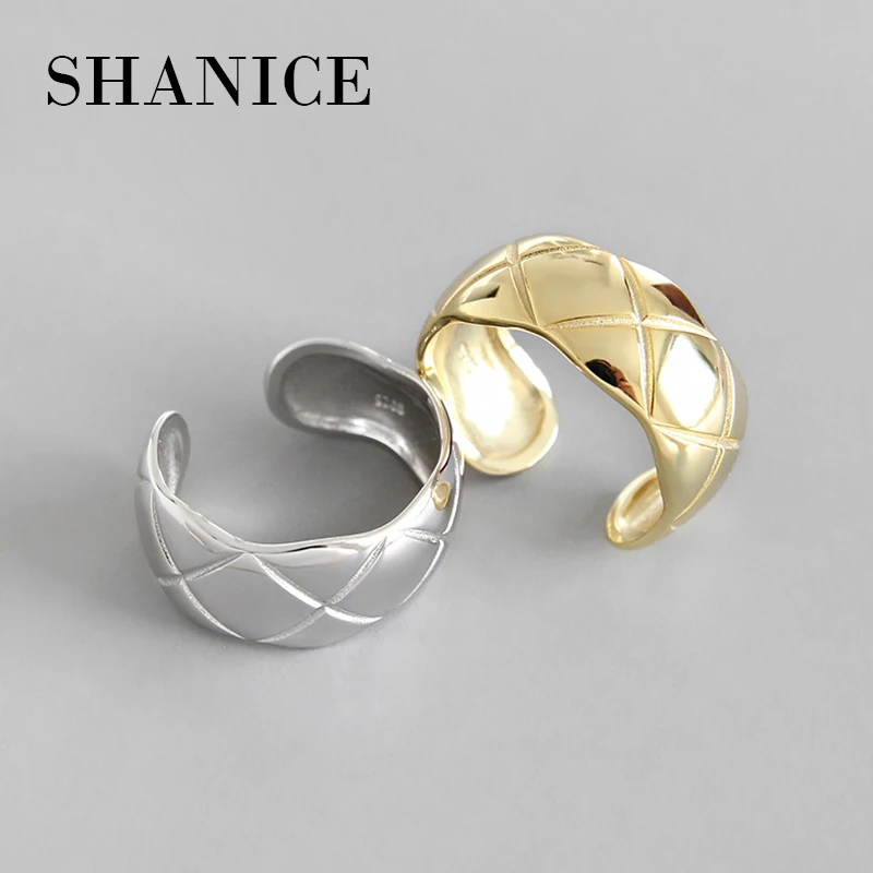 SHANICE INS, 925 пробы, серебряное, шикарное, в клетку, стильное, Открытое кольцо для женщин, большие, гладкие, широкие кольца для лица, для женщин, в стиле панк, Bijoux Femme