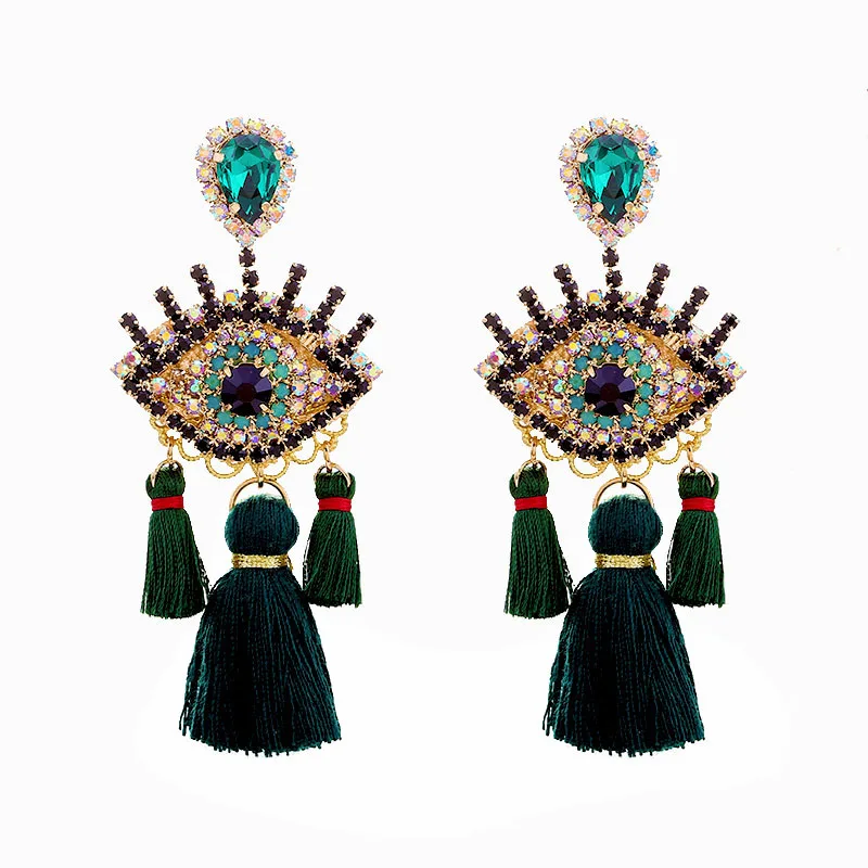 Sehuoran брендовые этнические длинные серьги с кисточками для женщин Boho Eye Beads дизайн Висячие серьги женские массивные украшения Oorbellen подарок - Окраска металла: E1133 Green