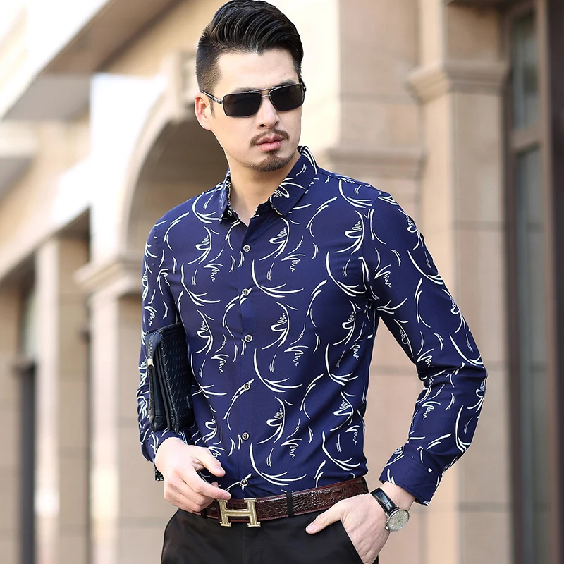 

7XL Mens Long Sleeve Shirts Fashion Casual Flower Shirt Male Large Size Shirt