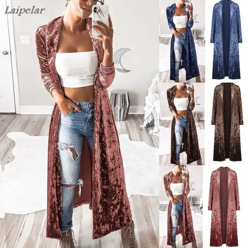 

Women Slim Fit Long Sleeve Open Front Velvet Coat Long Maxi Casual Cardigan Coat Laipelar