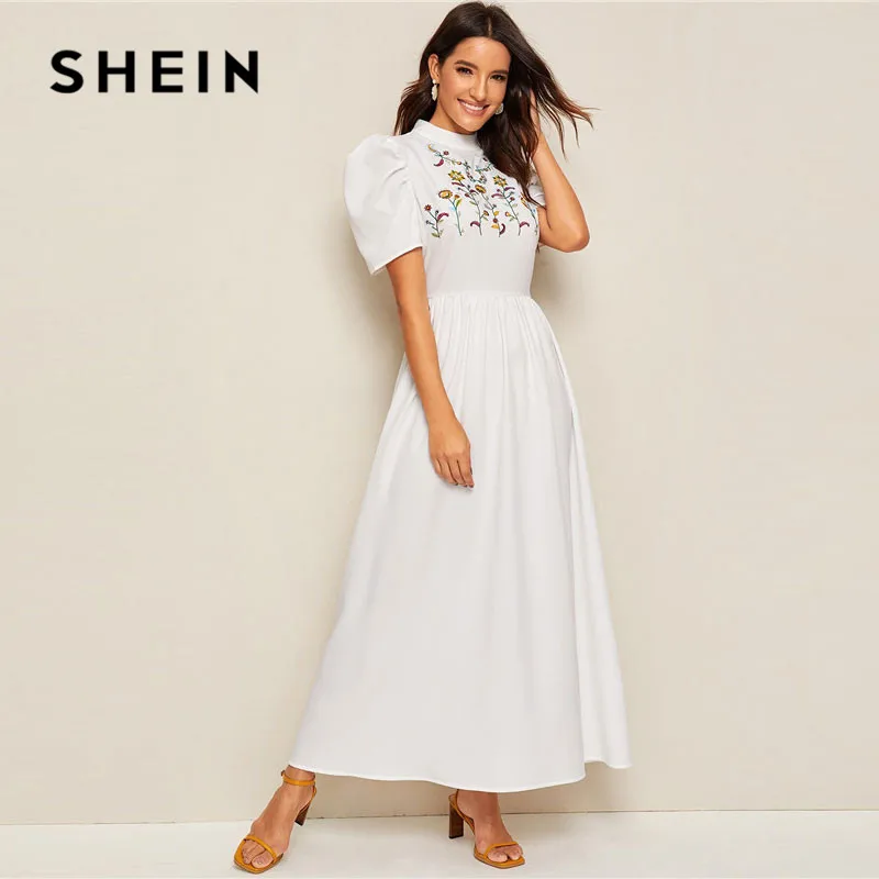 SHEIN модное платье макси с вышивкой и буфами на рукавах, женское скромное белое платье трапециевидной формы с высокой талией, женские летние длинные платья