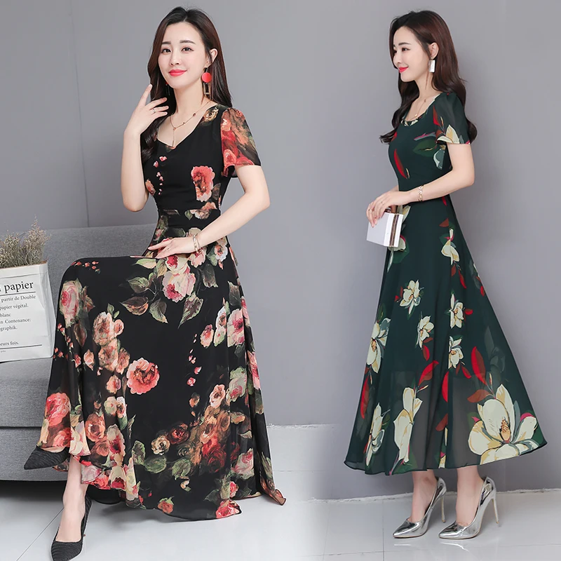 2019 Summer New Arrival High Quality S-3XL Bohemian V Collar Flower Printed Woman Long Chiffon Dress | Женская одежда