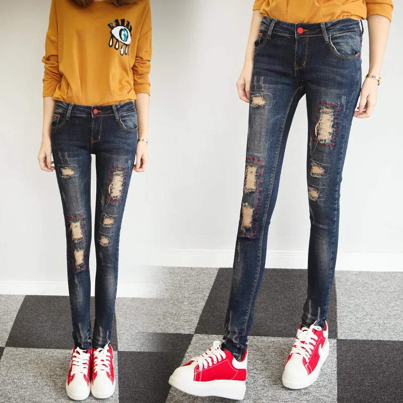 Новинка 2017 модные женские рваные джинсовые брюки с эффектом потертости