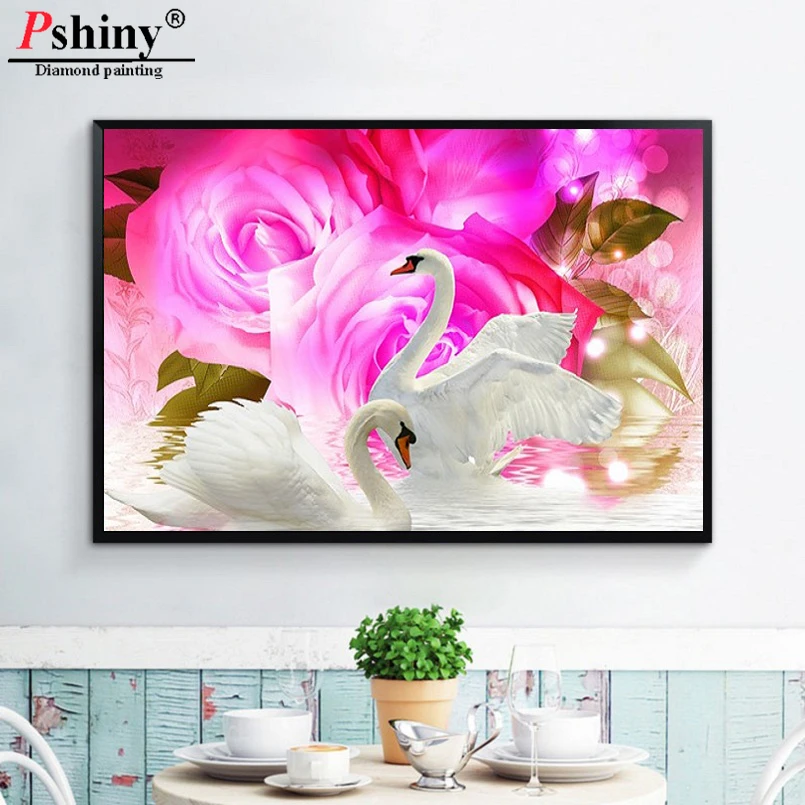 Pshiny 2019 новая 3d алмазная живопись розовый цветок влюбленный Лебедь полная