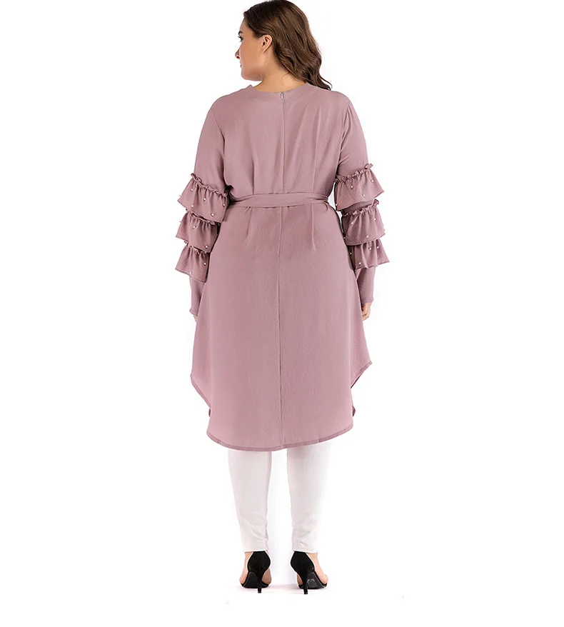 4XL 5XL размера плюс шифоновая блузка розовая Женская летняя блузка с оборками и бусинами длинный рукав туника Длинные Топы Турция с поясом Необычные Рубашки