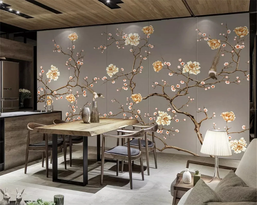

beibehang Custom three-dimensional environmental papel de parede wallpaper hand-painted flowers and birds TV bedroom background