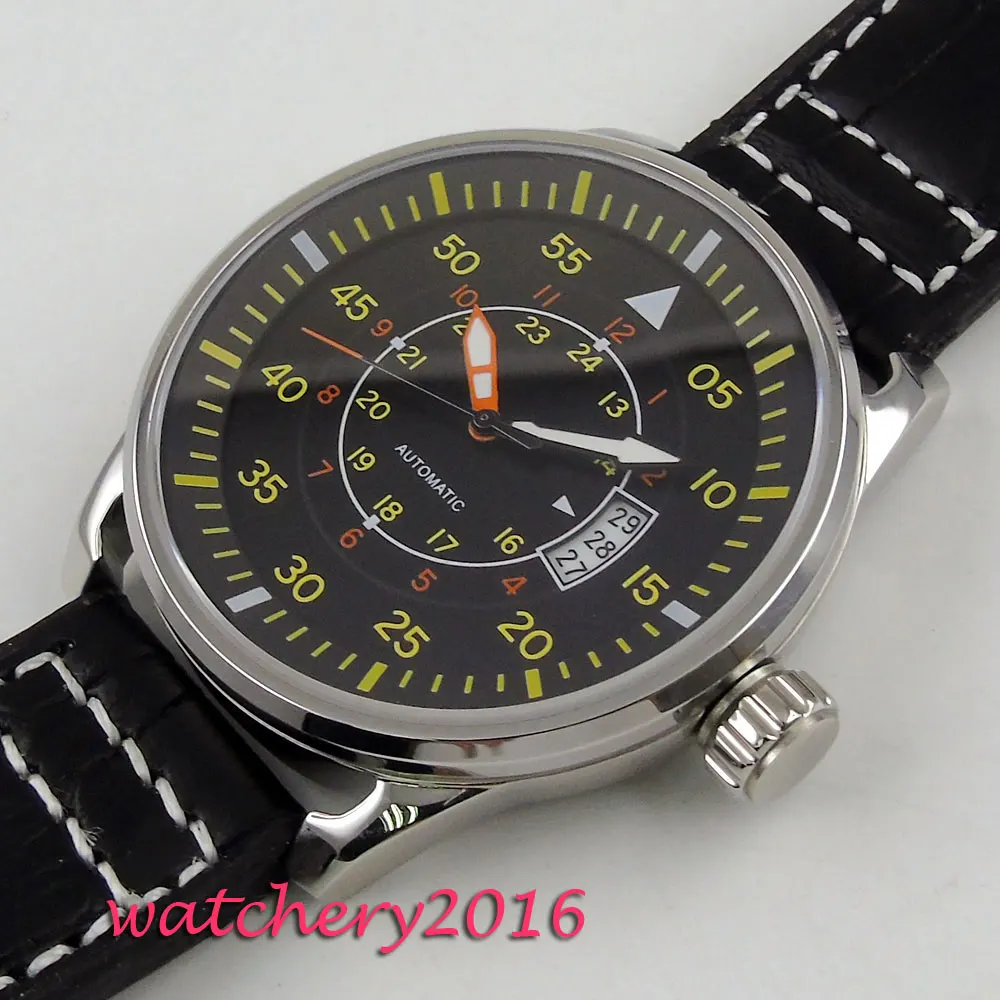 Мужские часы из нержавеющей стали с черным циферблатом и желтым 43 мм | Наручные