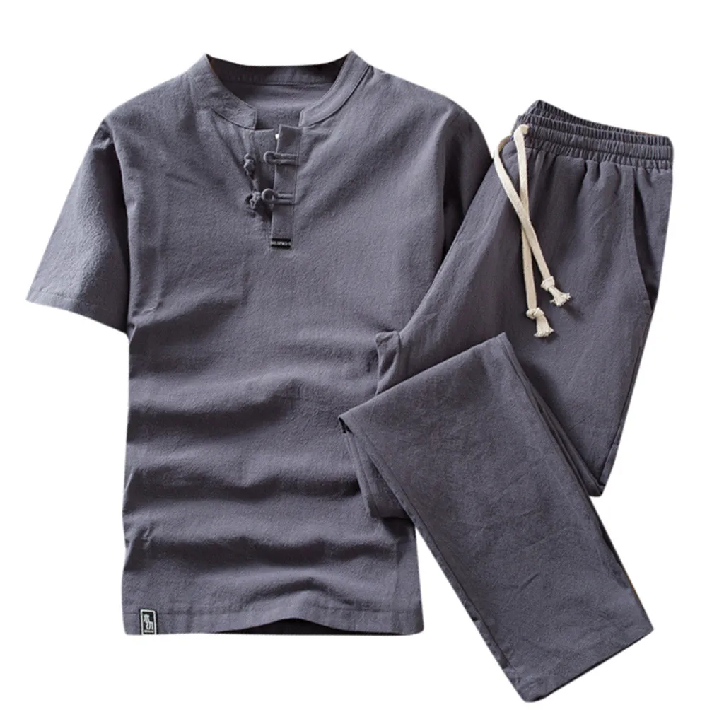 casual mens clothing set 2019 Summer chinese style Cotton Linen comfortable Short Sleeve men shirt pants trousers d90613 | Мужская