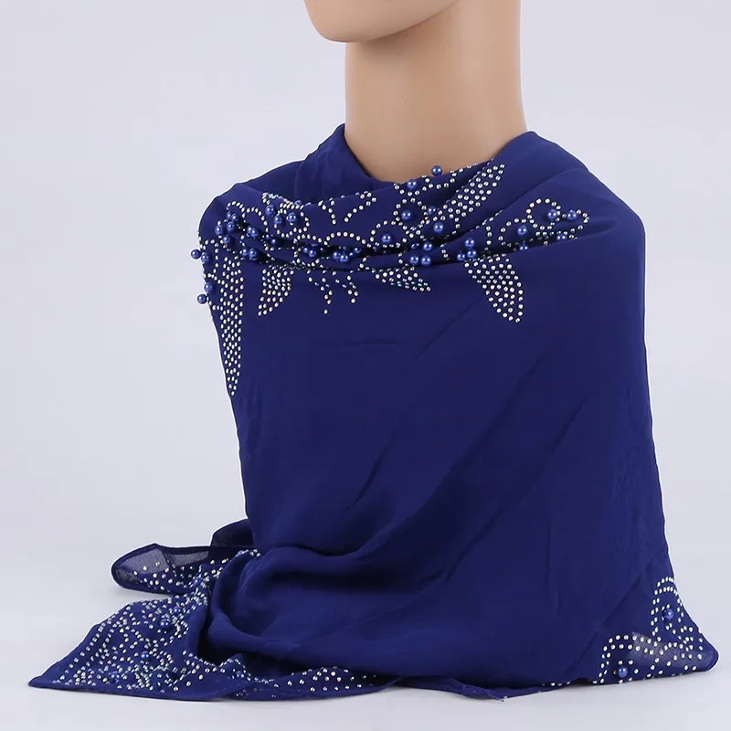 90*90CM High Quality Chiffon Hijab Luxury Rhinestone Pearl Muslim Square Scarf Bubble Women Shawl Wrap Plain Headscarf 1pc | Тематическая