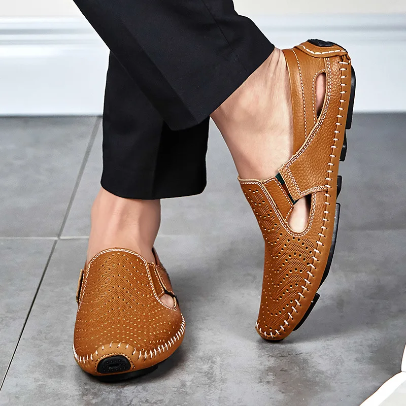 Мужские кожаные сандалии без шнуровки коричневые повседневные босоножки