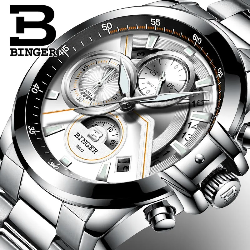 Stainless steel 03 Switzerland BINGER мужские часы лучший бренд класса люкс Хронограф светящийся водонепроницаемый из нержавеющей стали Спортивные кварцевые мужские часы - Цвет: Stainless steel 03