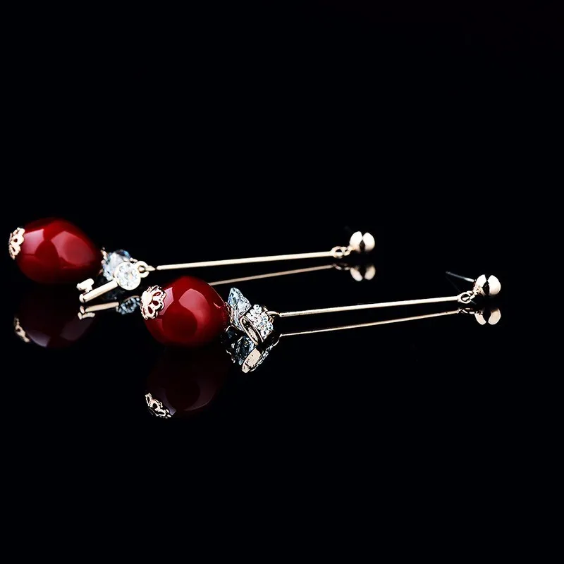 HOT Red Drop Earrings Rose Gold Color Cubic Zirconia Crystal Bride Wedding Jewelry Natural Artificial Coral Women Earring | Украшения и