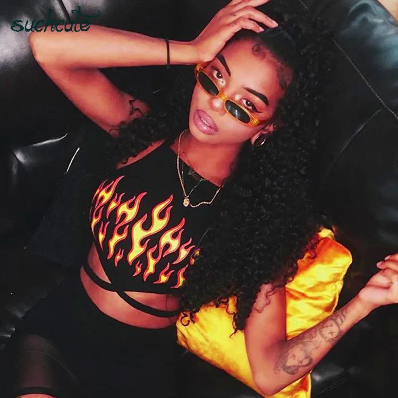 SUCHCUTE Crop Top With Flame Print Female T-Shirt Summer Sexy Streetwear Harajuku Gothic Korean Style Topics Body For Women