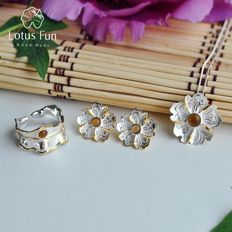 Lotus Fun-Conjunto de joyería de plata de ley 925 con turmalina Natural, joyería fina hecha a mano con diseño de flor de peonía, para mujeres