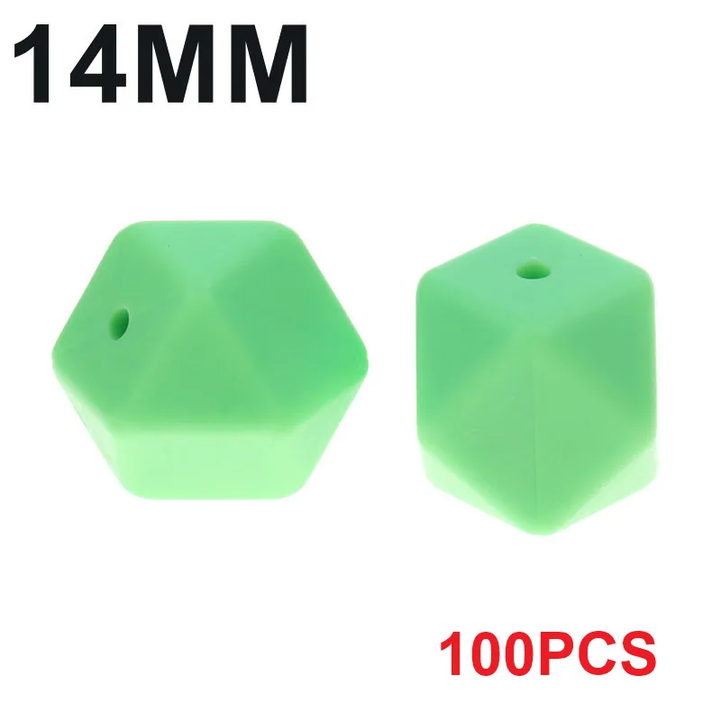 59 Light Green Fkisbox, Bpa бесплатно, 14 мм, 100 шт., силиконовые шестигранные бусины, детские жевательные прорезыватели, прорезыватели, ожерелье, соска, цепочка, сделай сам, подарок для малышей - Цвет: 59 Light Green