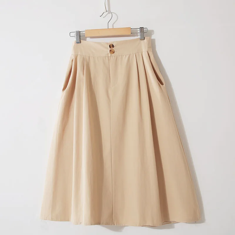 apricot Новая хлопковая юбка Женская Весенняя летняя винтажная трапециевидная юбка с карманом Студенческая высокая талия миди Spodnica женская одежда Saia - Цвет: apricot