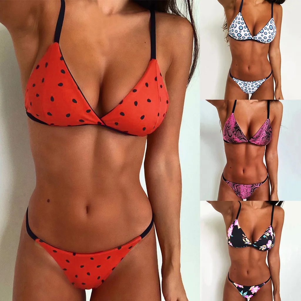 Бикини 2019 Женский комплект с принтом шеи купальник пуш ап мягкие купальники