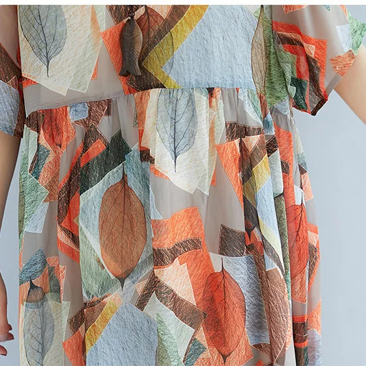 Летние Для женщин Print Draped листьев свободные шифоновое пляжное платье отложным