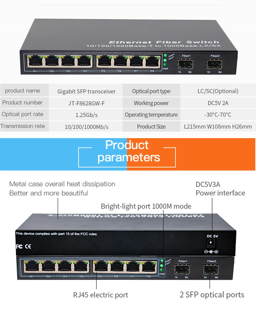 10-портовый гигабитный коммутатор SFP Медиаконвертер 1000M 2 оптоволоконных порта SFP и 2/4/8 сетевых портов RJ45 Волоконно-оптические коммутаторы SFP включают оптоволоконные модули SFP