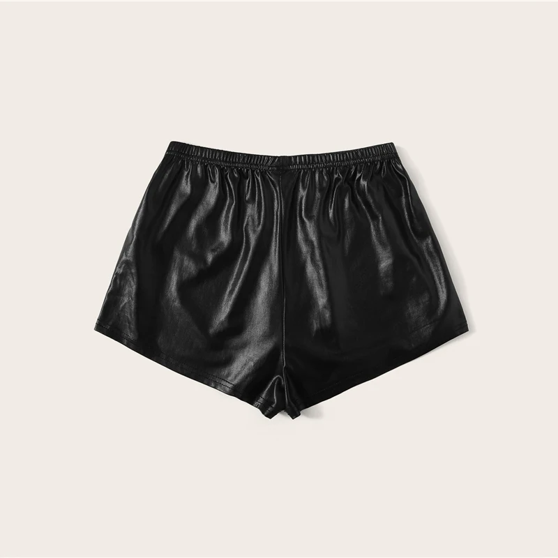 SHEIN однотонные шорты из искусственной кожи с завязками на талии, женская одежда, женские Гламурные Серебристые летние шорты с эластичной талией