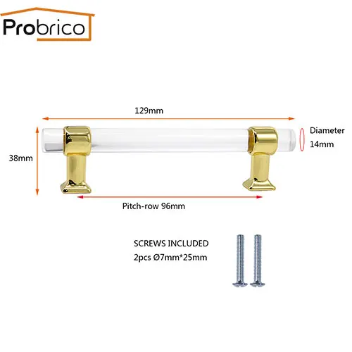 Gold-96mm Probrico, кухонный шкаф, прозрачные ручки, дверные ручки для ящиков, акриловые ручки для шкафа, шкаф для шкафа, тянет для мебельной фурнитуры, 1 шт - Цвет: Gold-96mm