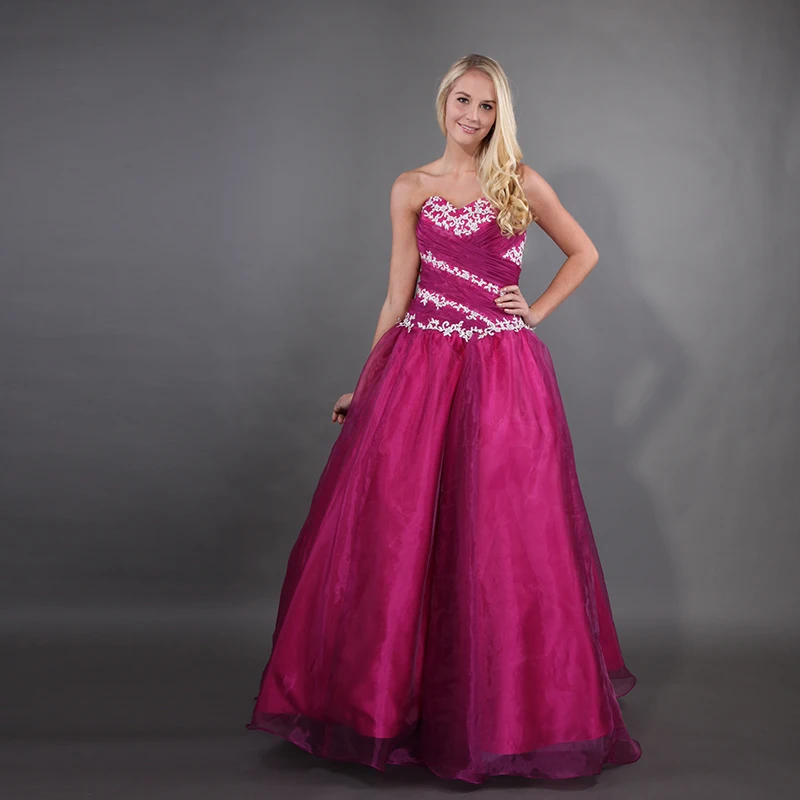 Elgant Милая фуксия розовый Quinceanera платья пушистые Бальные органза Белая аппликация