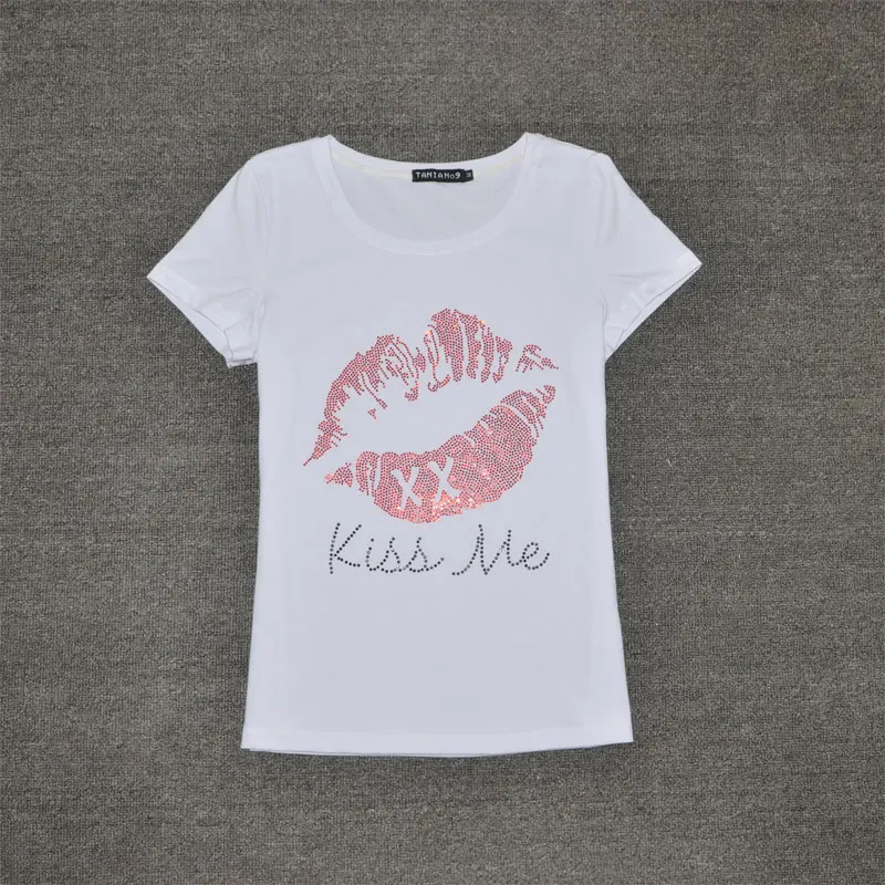 Женские летние футболки с принтом красных губ облегающие черные повседневные