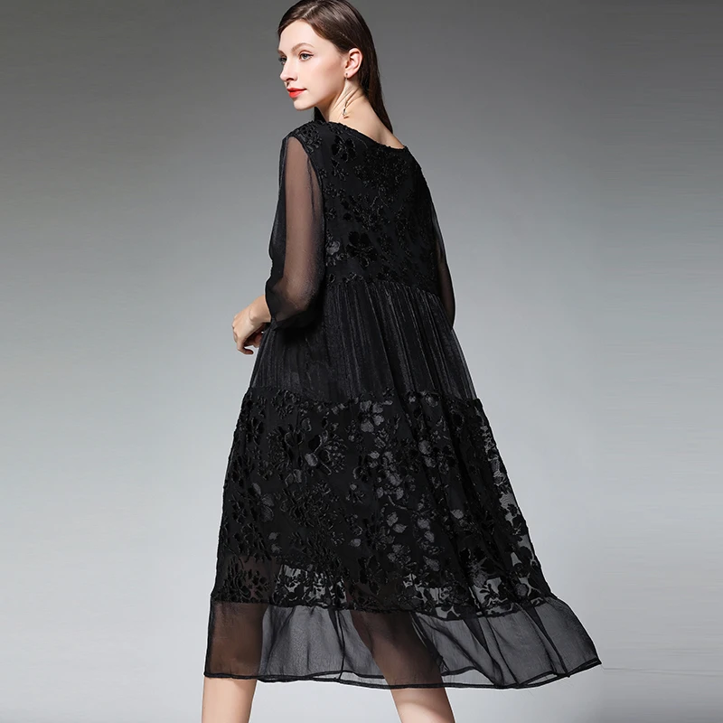

Large size ladies' womens fashion joint Chiffon dresses plus size casual loose high waist O neck Mid sleeve Elegant dress spring