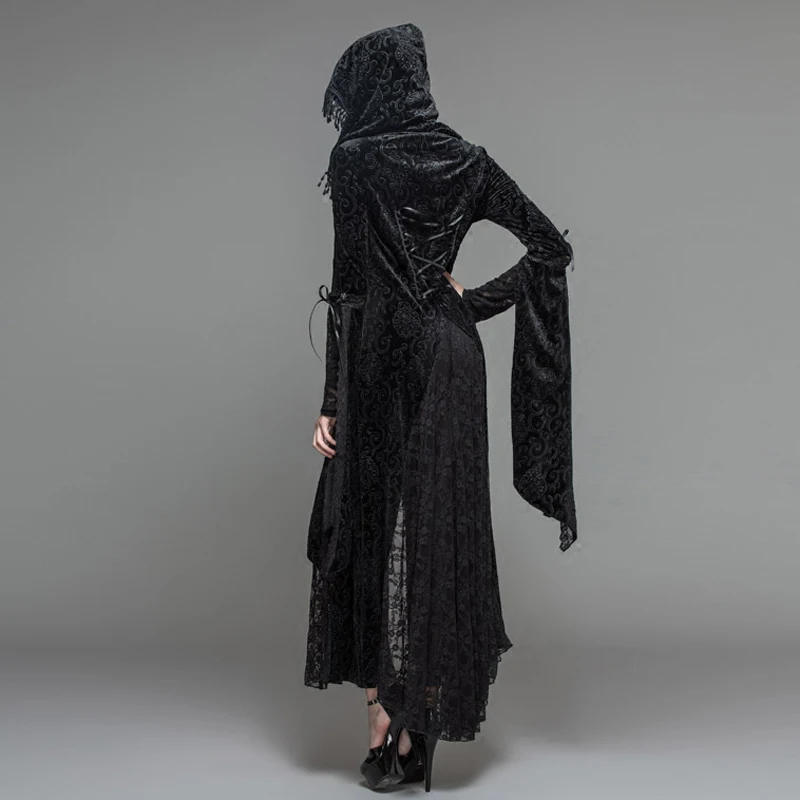 Женское повседневное длинное пальто Devil черное готическое с капюшоном и