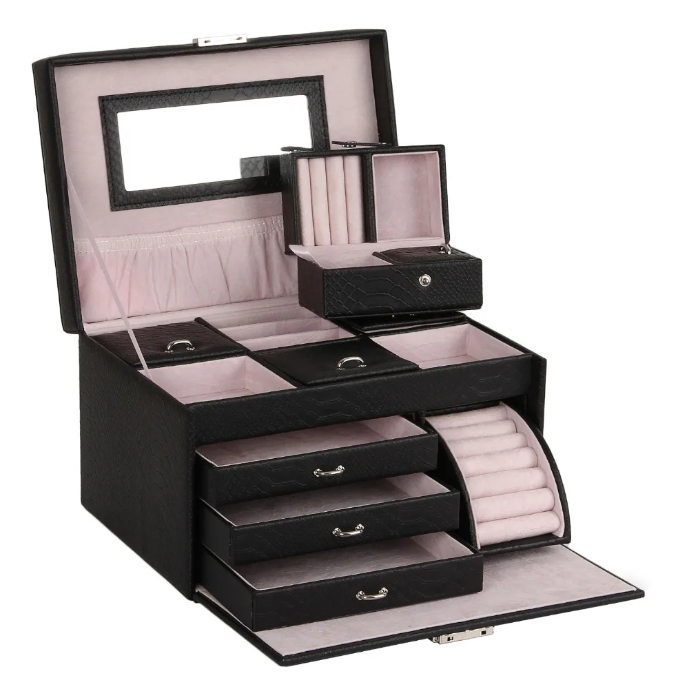 

[ROWLING]Black Large Jewelry Box Snake Pattern Storage Leather Case Display Ring Earrings Velvet Holder With Travel Case Mirror