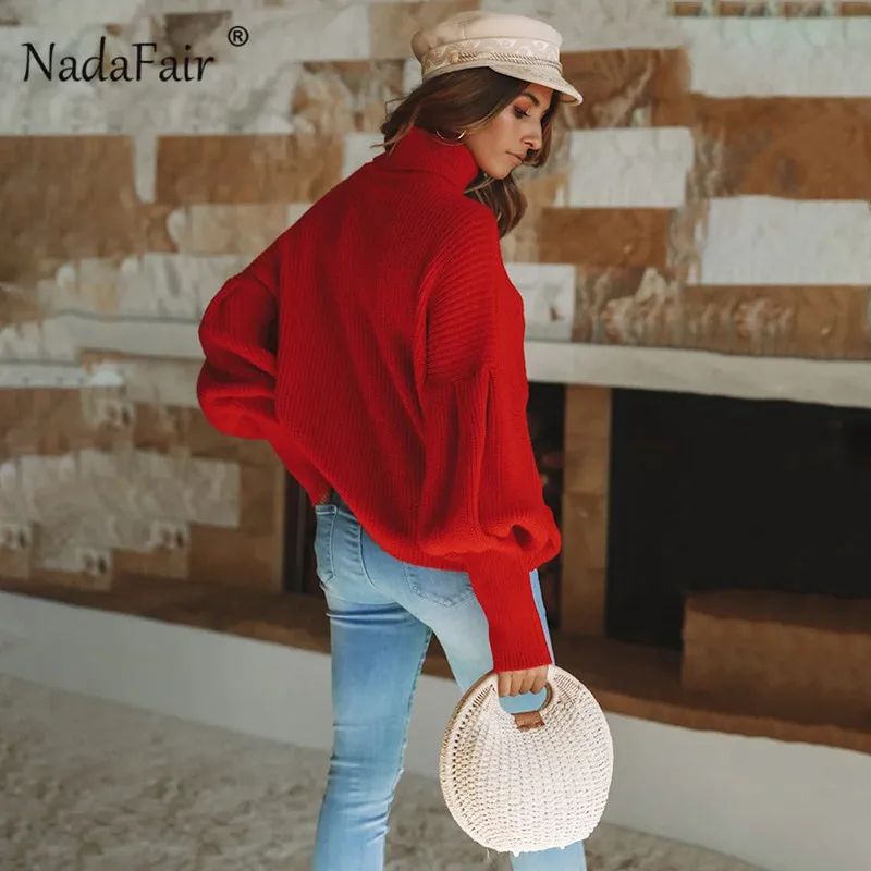 Nadafair, зимние водолазки, свитера, пуловеры для женщин, Осенние Свободные корейские плотные вязаные джемперы с рукавом-фонариком, женские топы