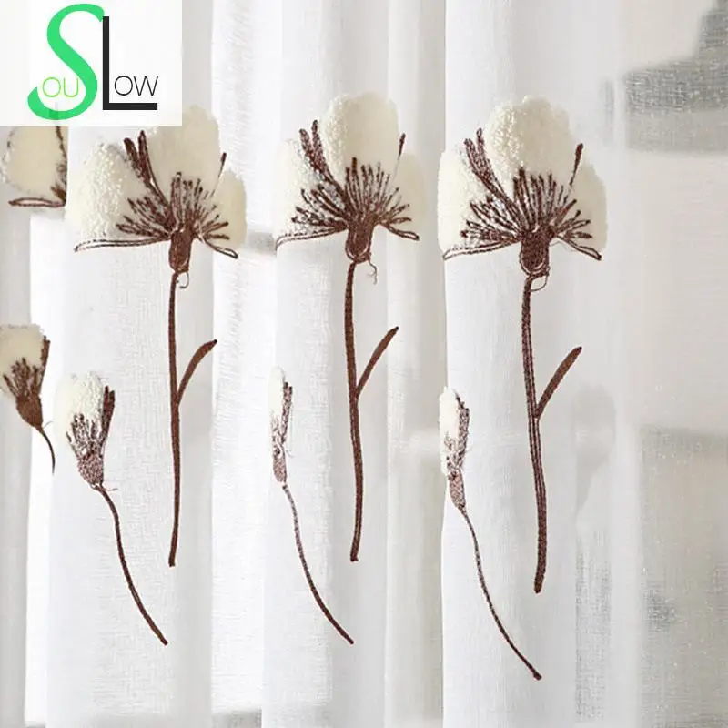 

Slow Soul White Modern French Window Pastoral Floral Curtains For Living Room Tulle Kitchen Cotton Bedroom Sheer And Embroidered