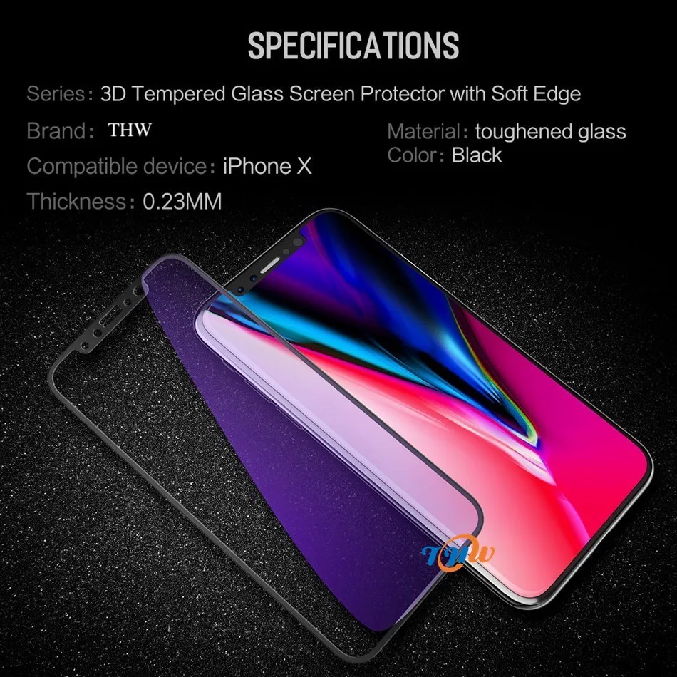 0.23mm 3D Curved Tempered Glass for iPhone X, Full Cover Soft Edge High Definition Anti Blue Light Screen Protector for iPhone X