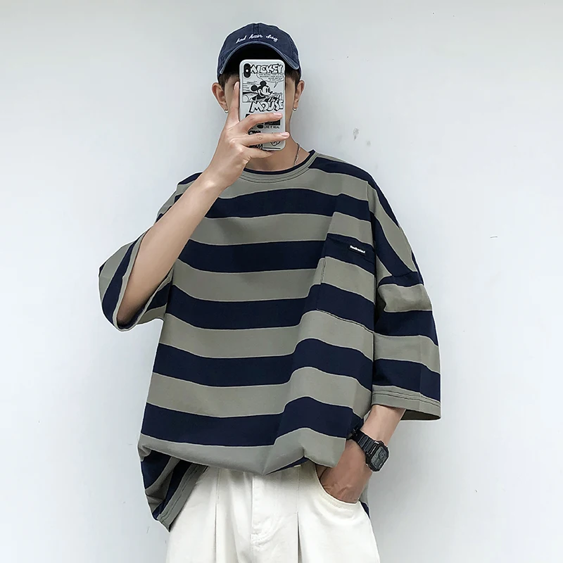 Green LAPPSTER Harajuku футболка в полоску Лето Мужская Корейская стильная футболка мужская безразмерная желтая футболка хип-хоп Повседневная футболка с карманом - Цвет: Green