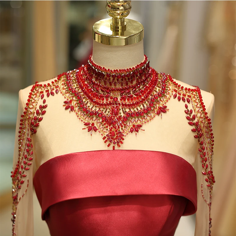 2019 Длинные Выпускные платья с высоким воротником из бисера а трапециевидные