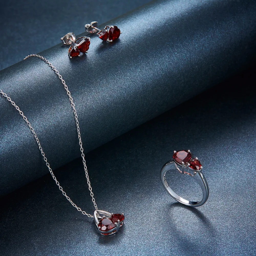 Hutang наборы свадебных ювелирных изделий из твердого 925 пробы серебра 6.1ct натуральный драгоценный камень гранат сердце кулон серьги кольцо прекрасный модный подарок