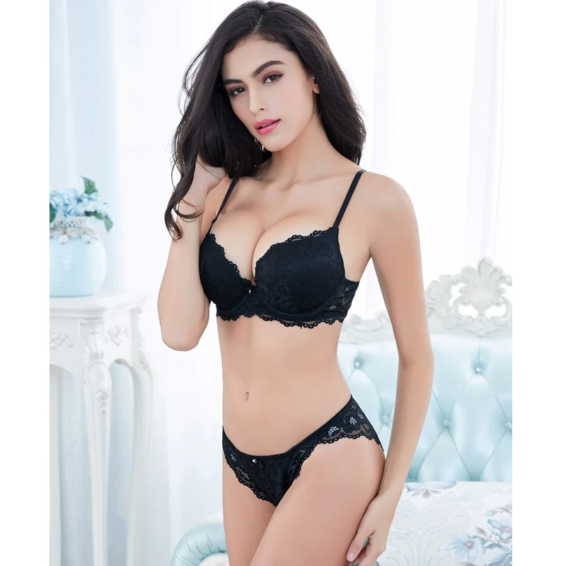 Women New Sexy Lace Bra Briefs Set Solid Flower Three Quarters Push Up Underwear and Panties Sets | Женская одежда