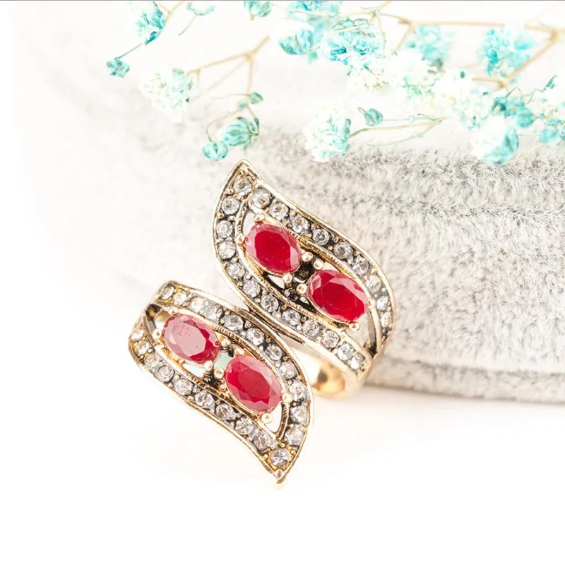 Винтажные красные и зеленые кольца из смолы для женщин античное золото стразы