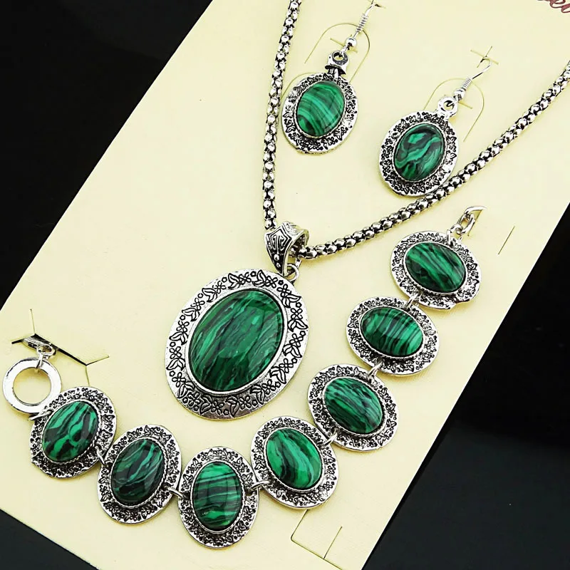 Винтажная антикварная серебряная овальная из натурального малахита 3 шт. набор