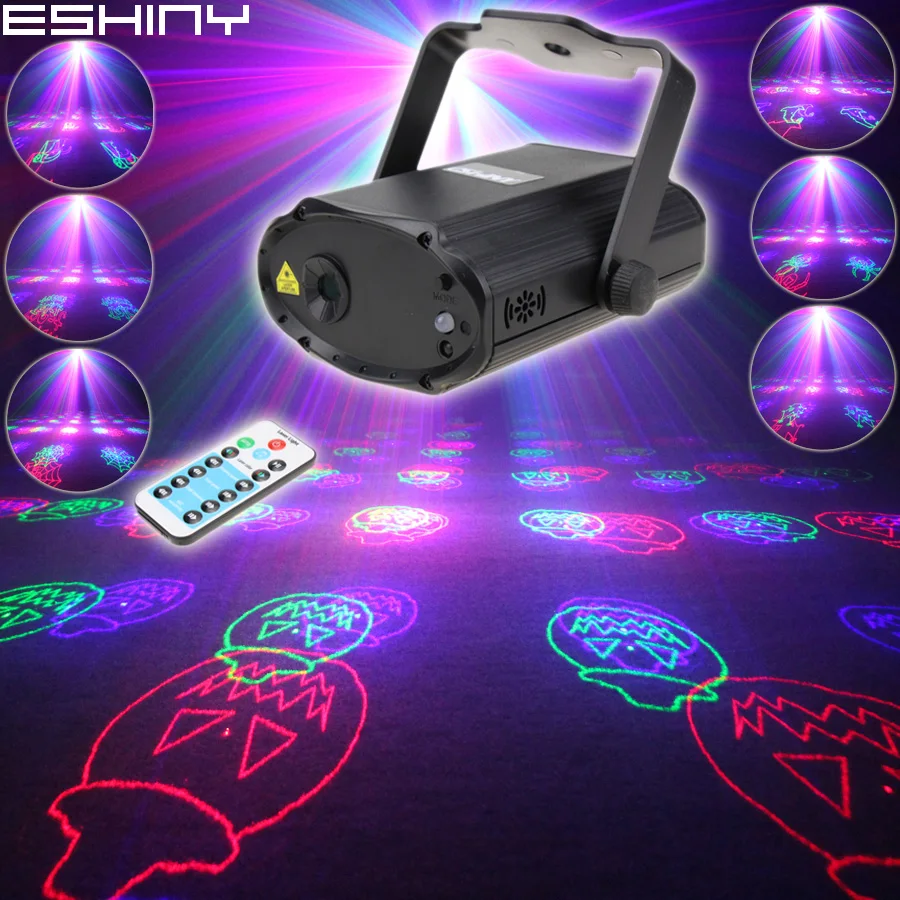 ESHINY NEW Remote MINI RGB Laser 12 Halloween Patterns Projector DJ Dance Disco Bar Family Party Xmas Lighting Light Show T181D3