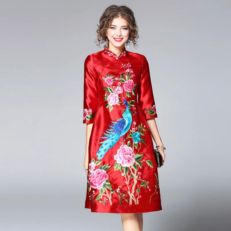 2018 Элегантный Вышивка Cheongsam Летнее платье для Для женщин Китайский Стиль