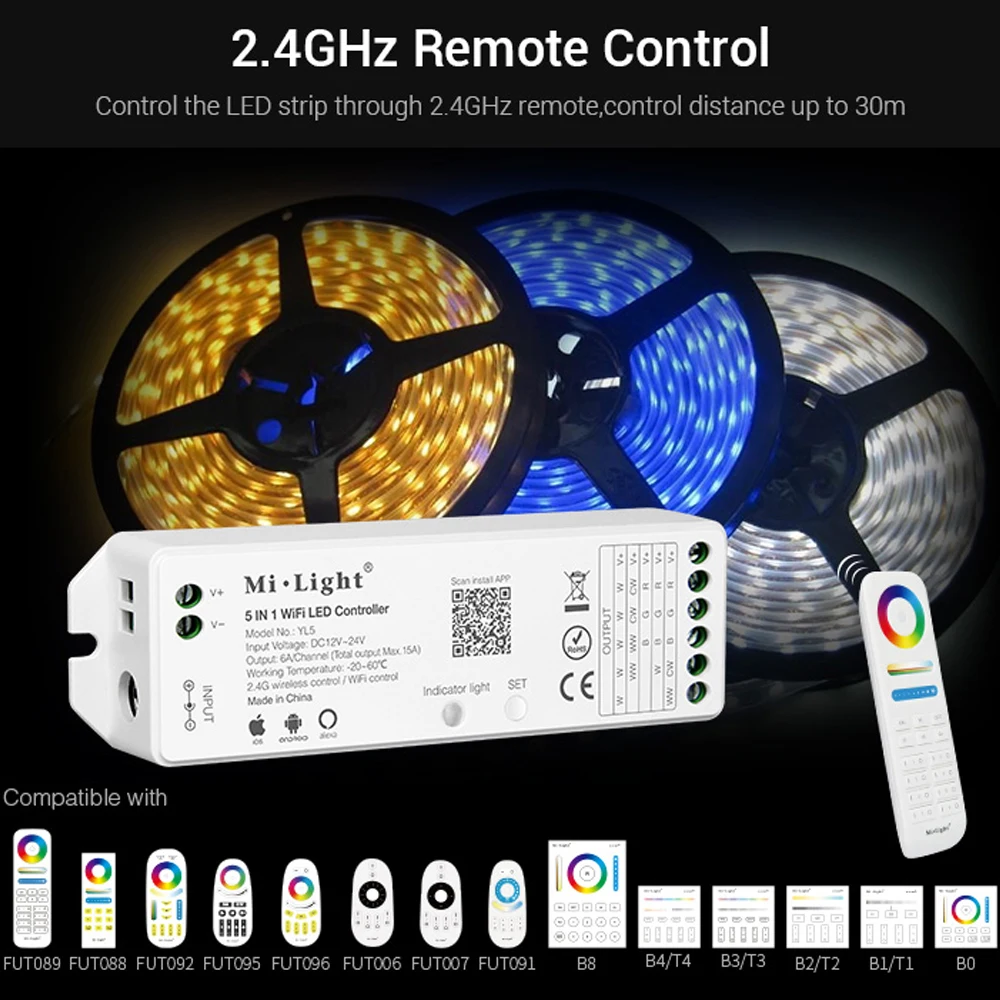 Milight YL5 2 4G 15A 5 в 1 WiFi голосовой wIFI светодиодный контроллер применяется к 12v24v