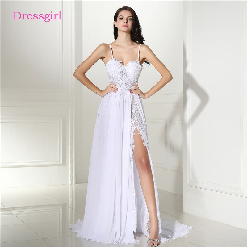 

Backless Vestido De Noiva Beach Wedding Dresses A-line Chiffon Lace Slit Sexy Cheap Boho Wedding Gown Bridal Dresses