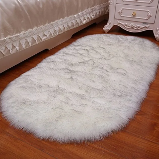 white with top gray Ворсистые ковры из искусственного меха, овчины, ковер для детей, Овальный современный однотонный белый черный пушистый ковер для спальни, домашний декор - Цвет: white with top gray