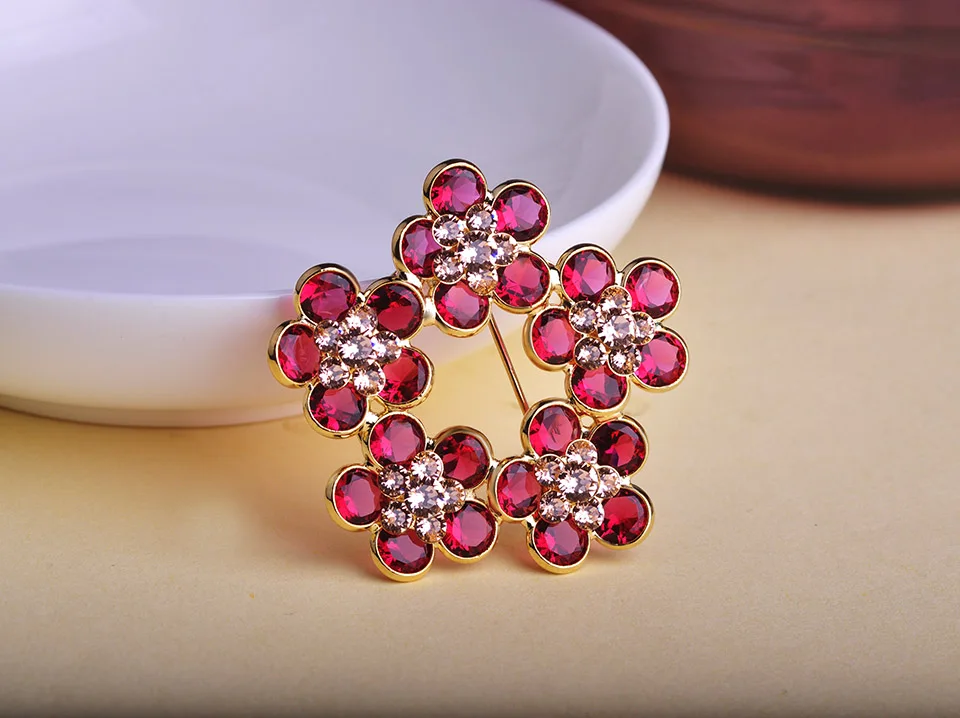 Роскоши Горный Хрусталь Цветы Броши Для Женщин Рубин Цветет Вишня женщины