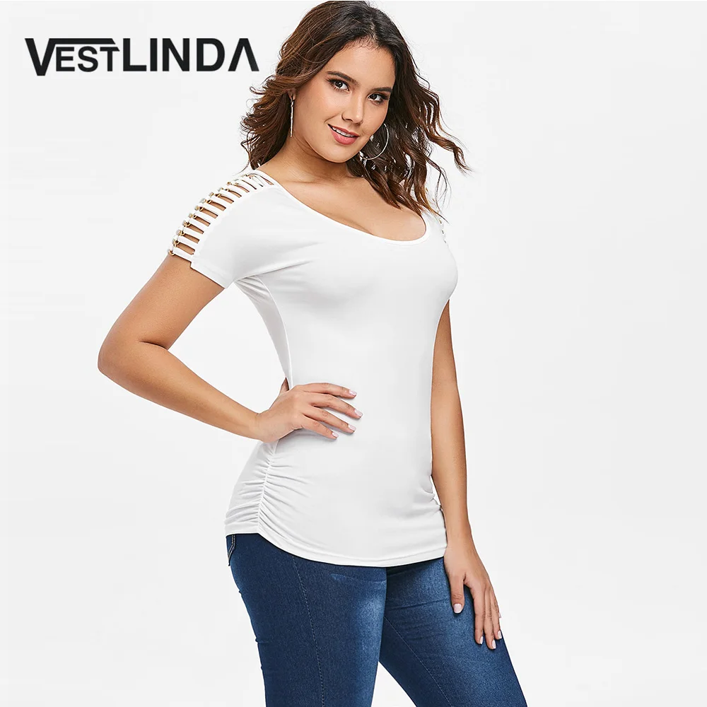 Женская футболка с круглым вырезом VESTLINDA белая и цепочками летние топы коротким
