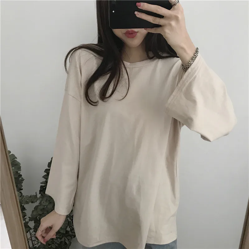 Spring women T-shirt 2018 new solid color long-sleeved female t-shirt wild was thin medium long round neck ladies cw064 | Женская одежда