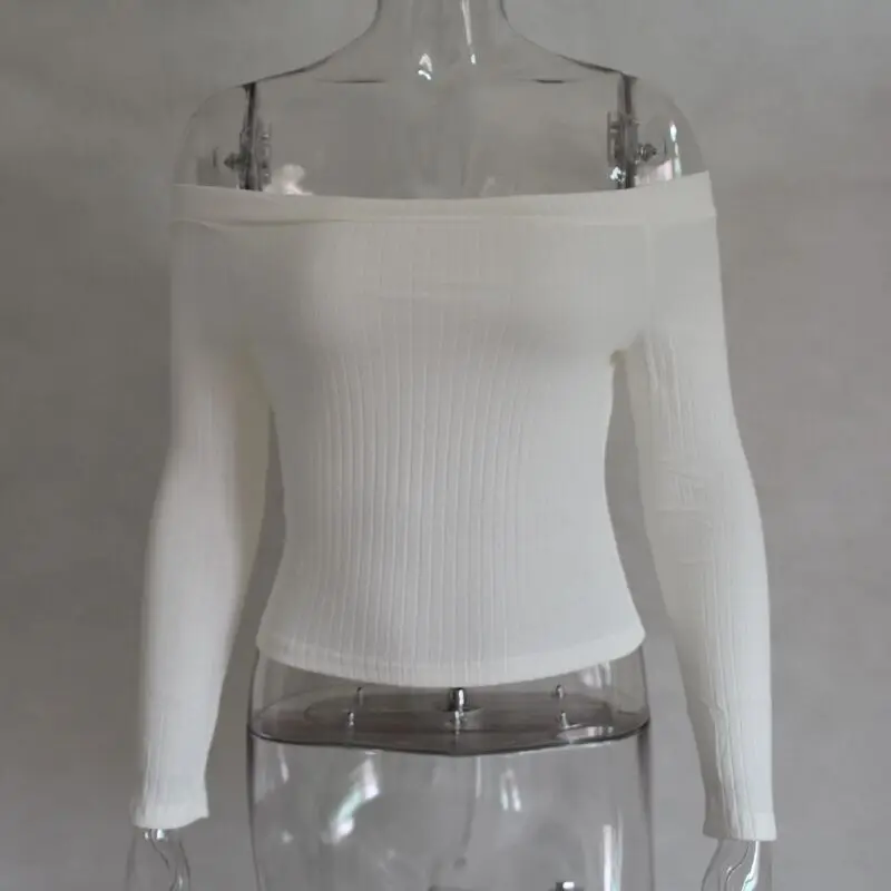 

High Quality Bodycon Short T-shirts High Street Sexy Off Shoulder Long Sleeve Slim T-shirt Women Cotton Tshirt Black White Top