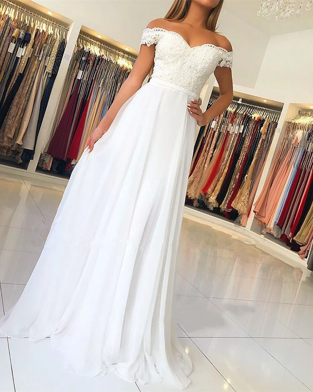 JIERUIZE White Chiffon Lace Boho Wedding Dresses Off the Shoulder Short Sleeves Summer Beach Wedding Gowns Bride Dresses